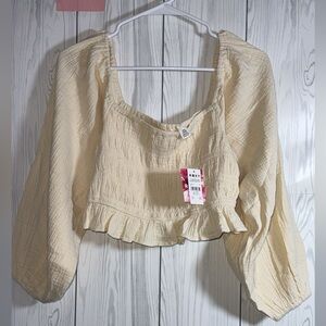 Roxy Tan Cream Ruffled Smocked Crop Blouse